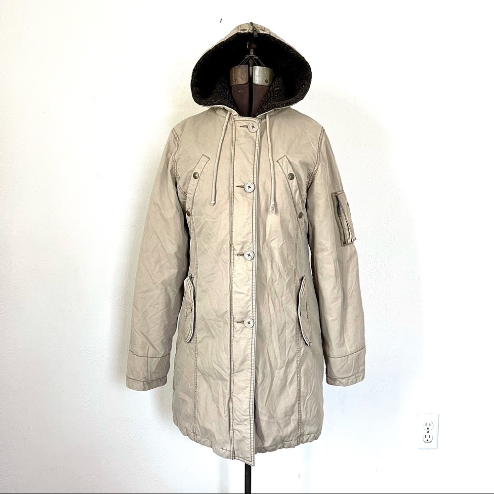 American Eagle Beige Khaki Coat Sherpa Lined Zipper Hood Women Size Medium